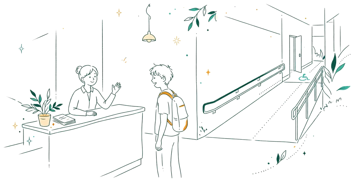Dessin au trait : accueil accessible du campus avec une étudiante