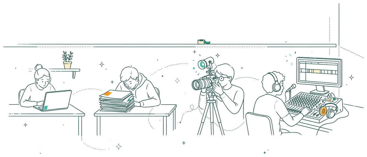 Dessin au trait : quatre postes image, son, montage et production
