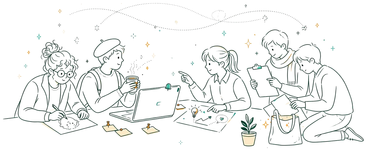 Dessin au trait : étudiants préparant une campagne de communication digitale