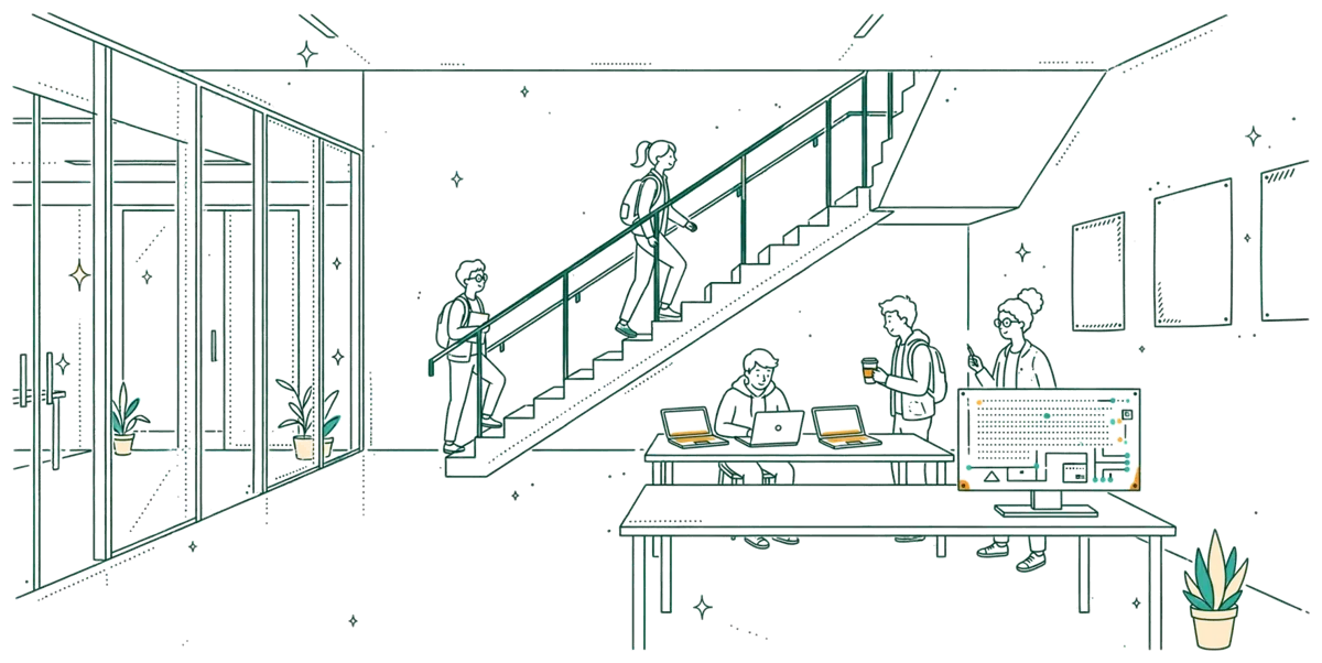 Dessin au trait : hall lumineux d’école d’ingénieurs avec étudiants