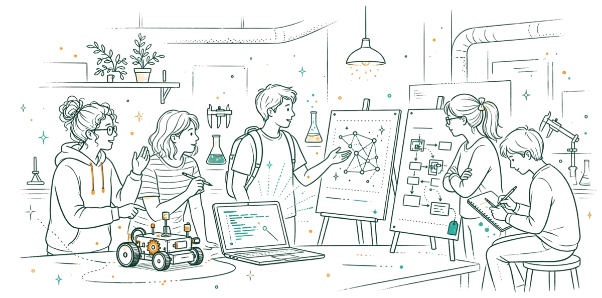 Dessin au trait : présentation d’un projet robotique en labo.