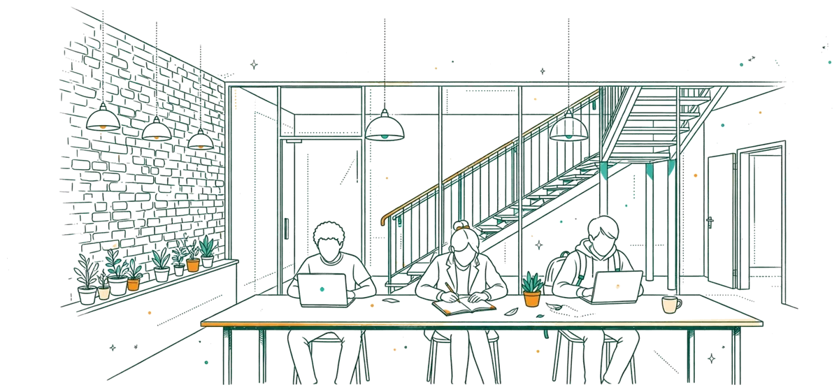 Dessin au trait : intérieur d’école mêlant brique et verre