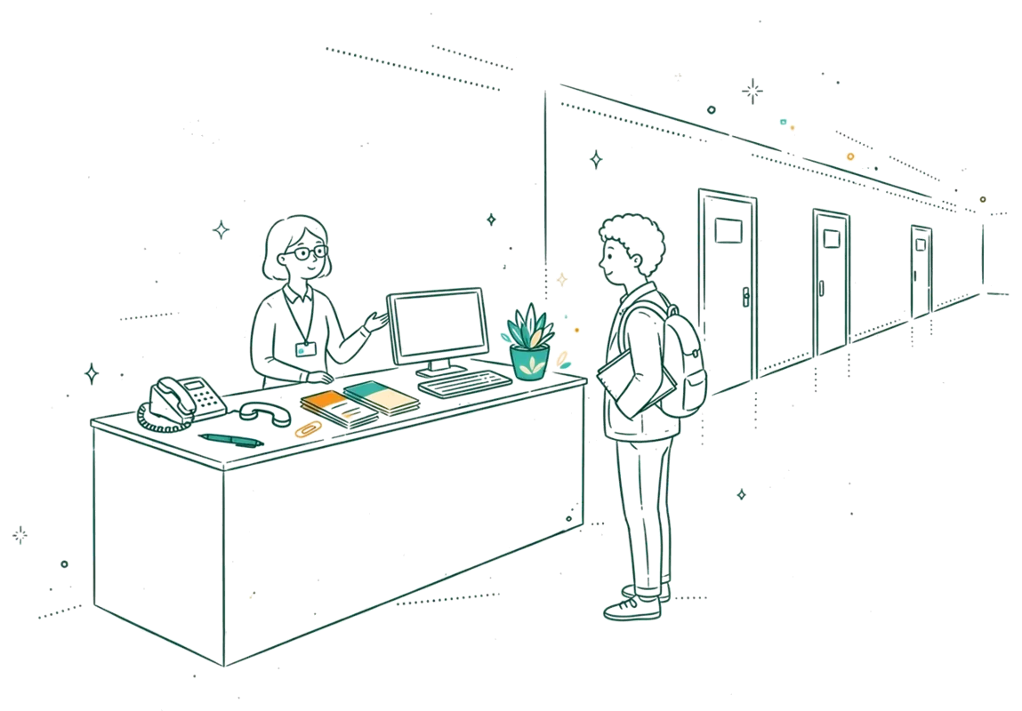 Dessin au trait : accueil de l’école avec téléphone et brochures