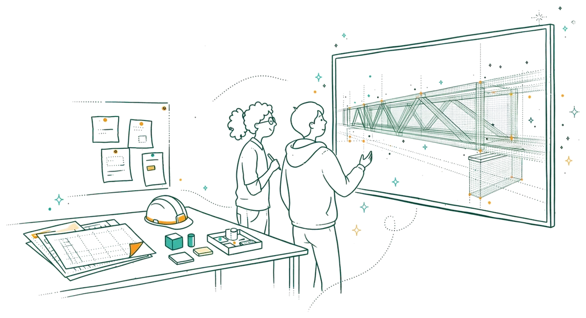 Dessin au trait : jeunes ingénieurs devant une simulation