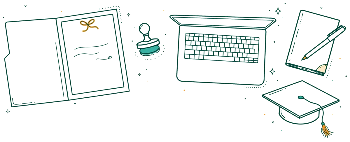 Dessin au trait : diplôme et tampon officiel posés sur un bureau