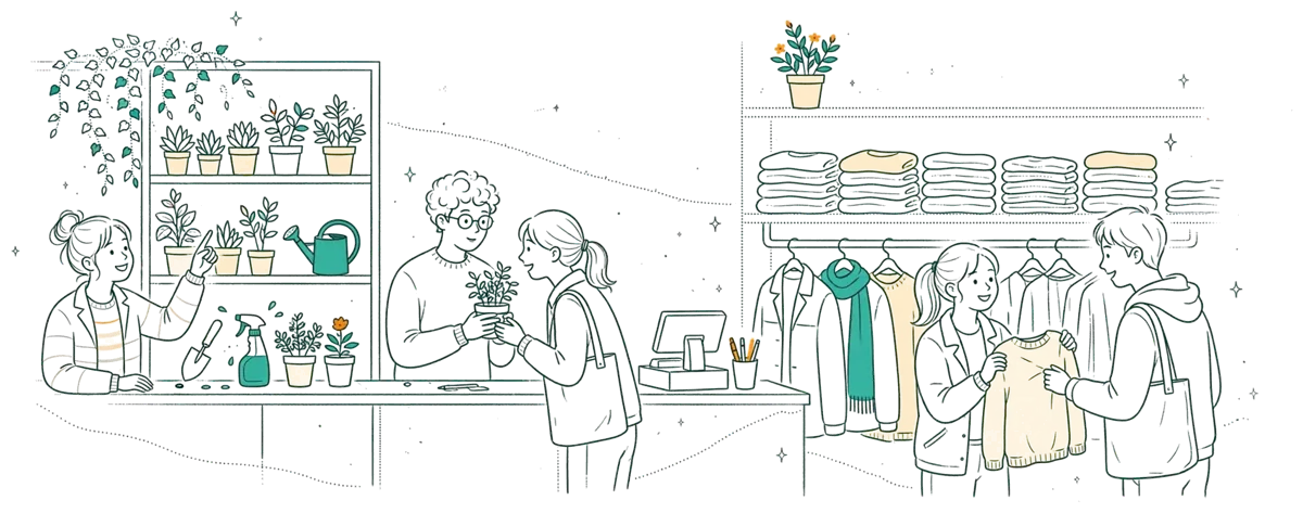 Dessin au trait : alternants en conseil de vente en magasin