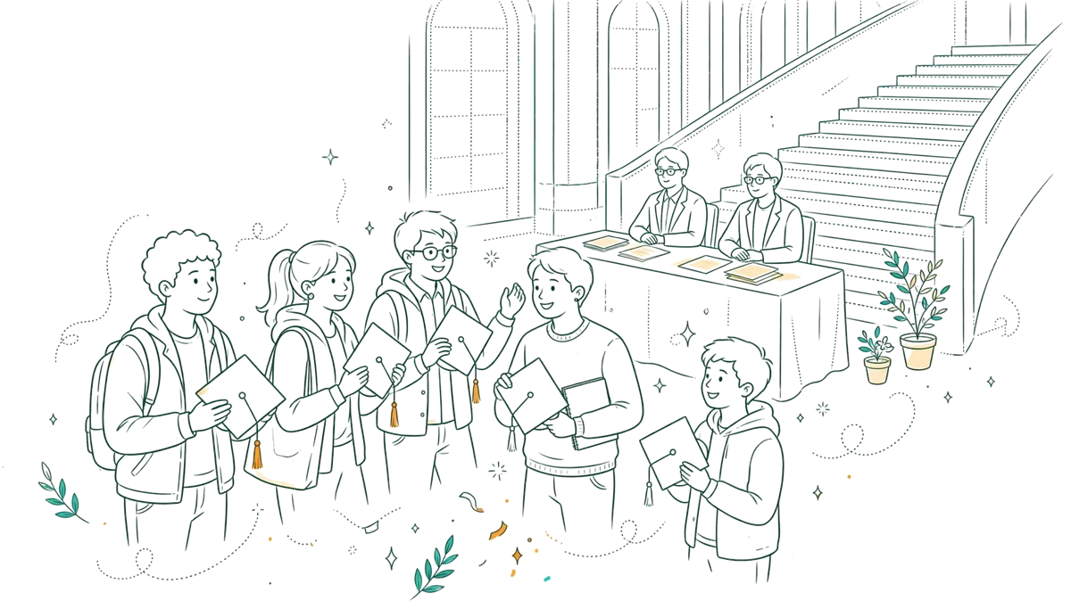 Dessin au trait : étudiants diplômés devant un jury en salle
