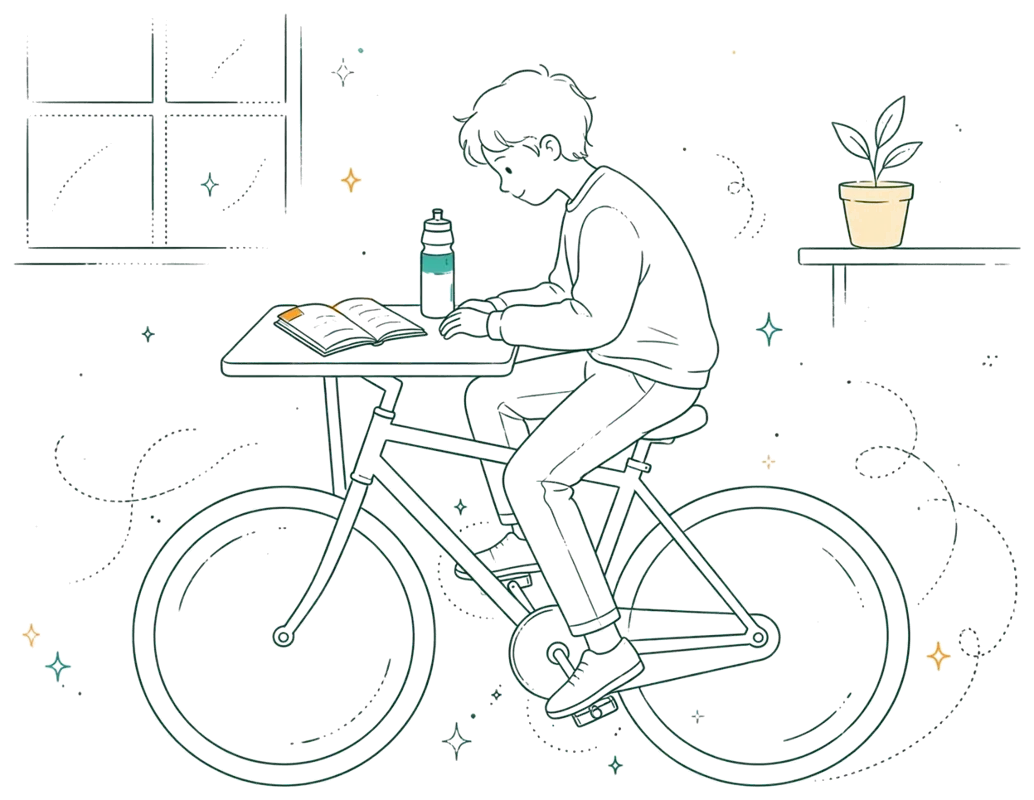 Dessin au trait : vélo-bureau avec carnet et gourde sur la tablette