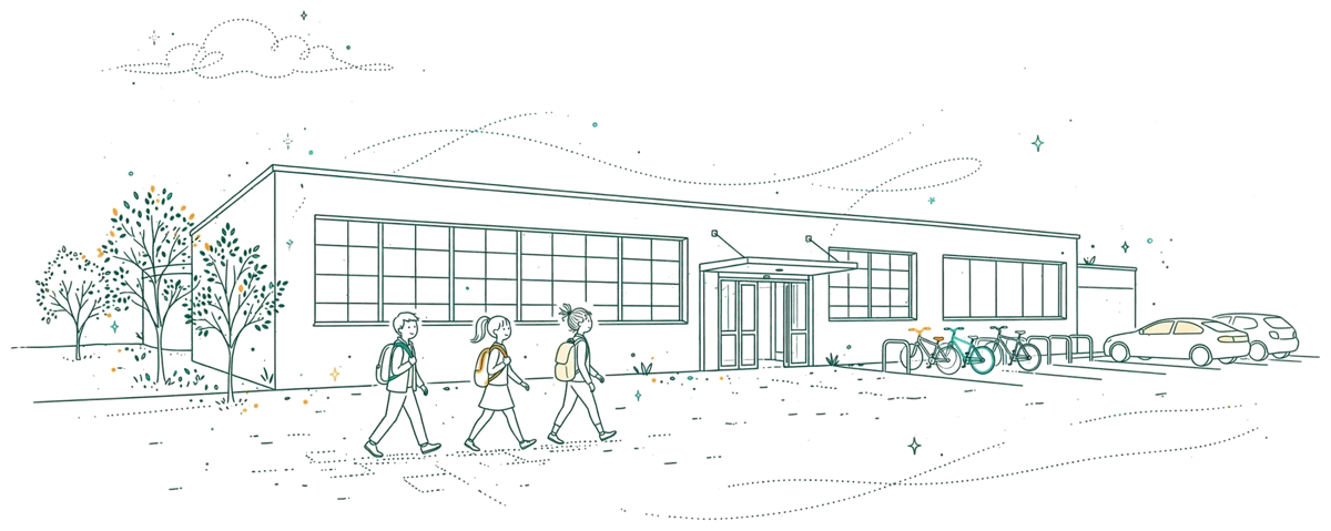 Dessin au trait : bâtiment d’école moderne avec parvis et étudiants