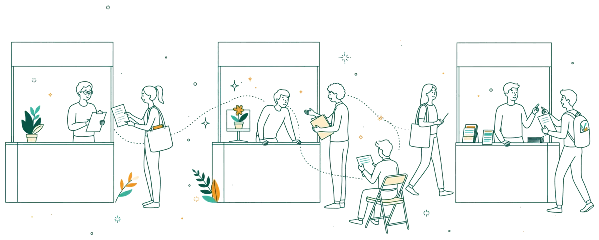 Dessin au trait : salon de l’emploi avec stands et étudiants.