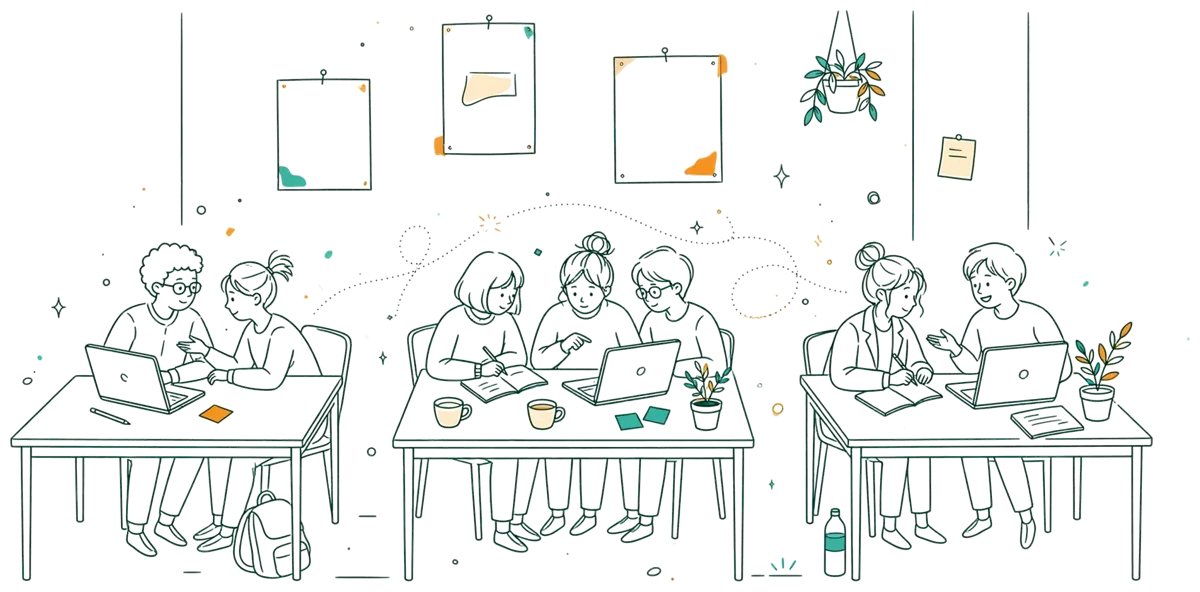 Dessin au trait : ambiance de travail en classe avec étudiants en groupe.