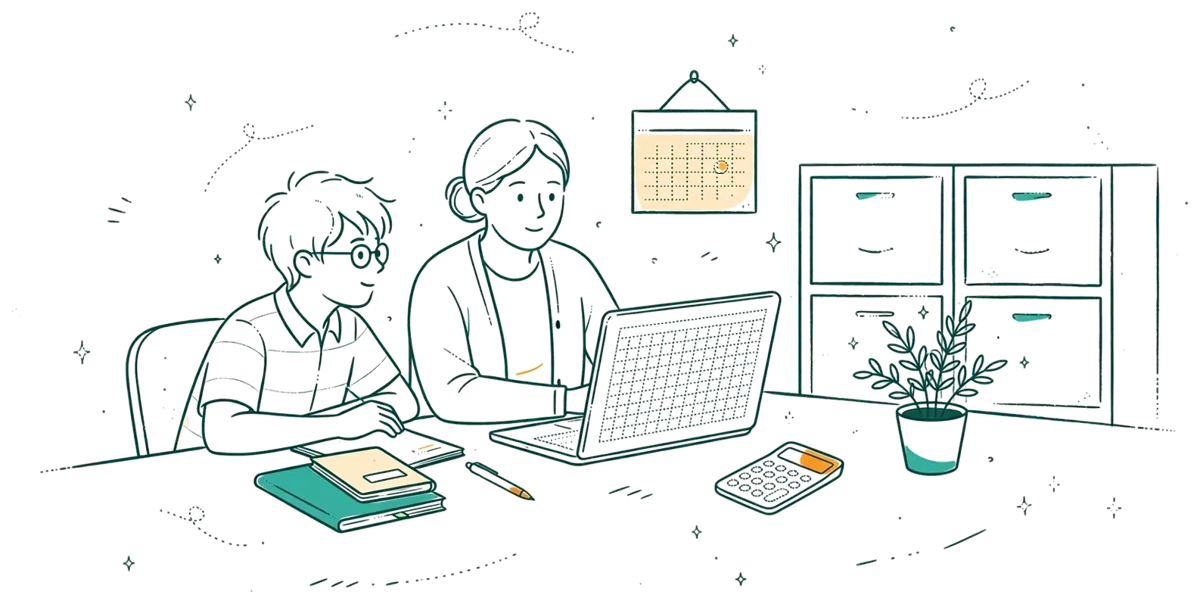 Dessin au trait : apprenti et tuteur devant un tableur au bureau.