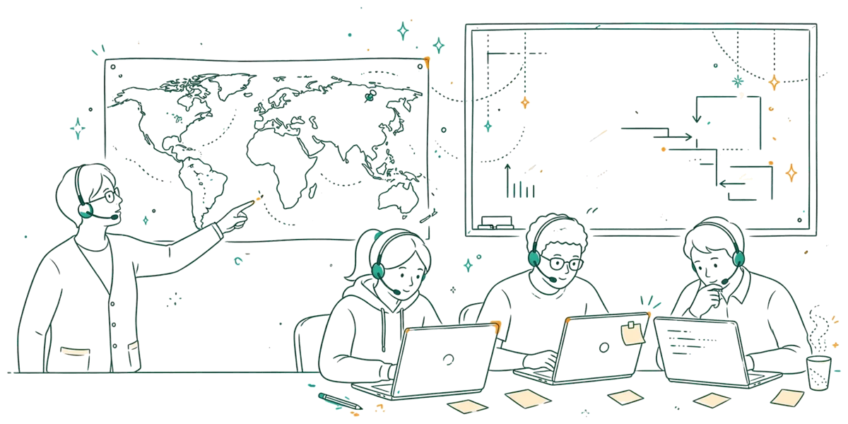 Dessin au trait : cours de langues avec casques et carte du monde