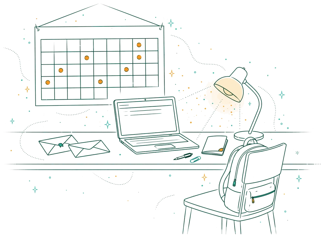 Dessin au trait : bureau avec calendrier et dossier de candidature