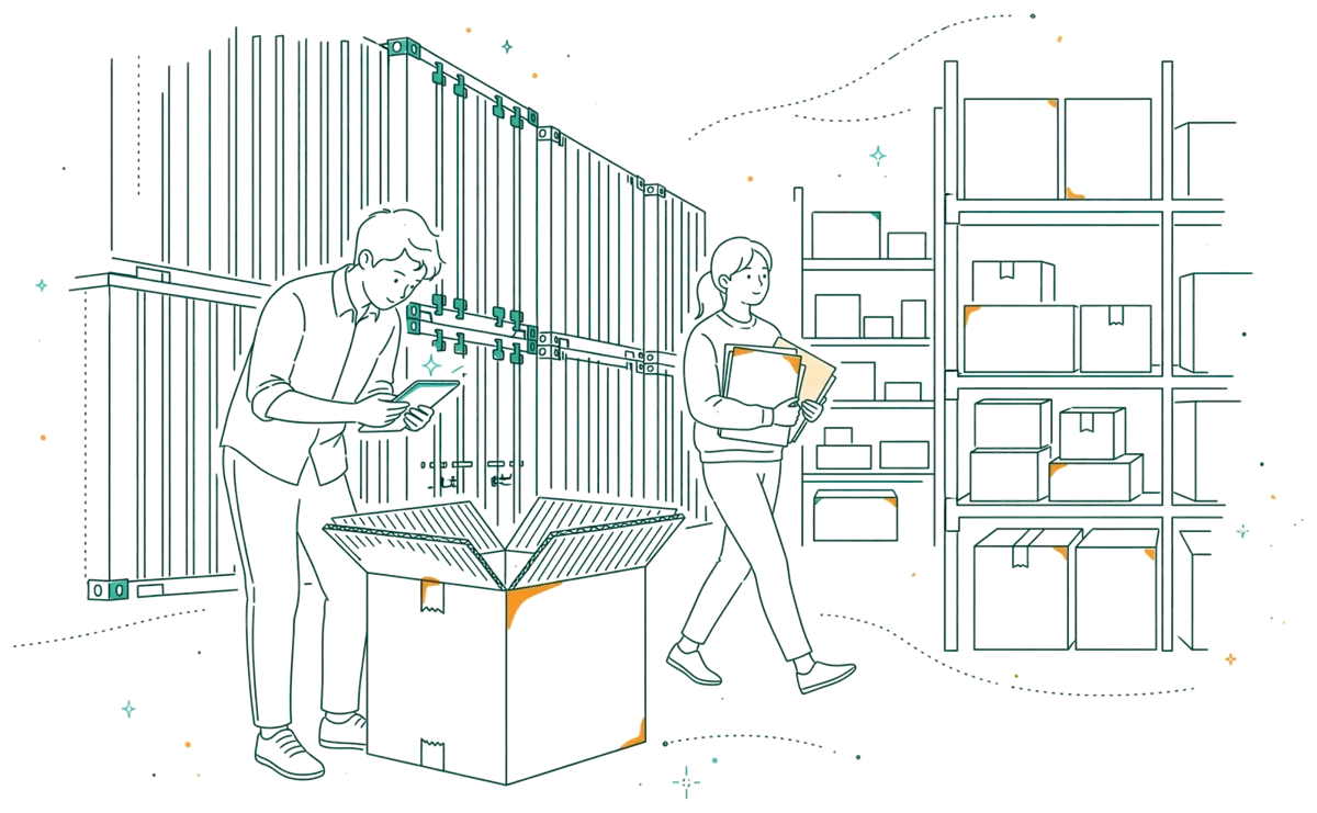 Dessin au trait : jeune salarié dans un entrepôt logistique