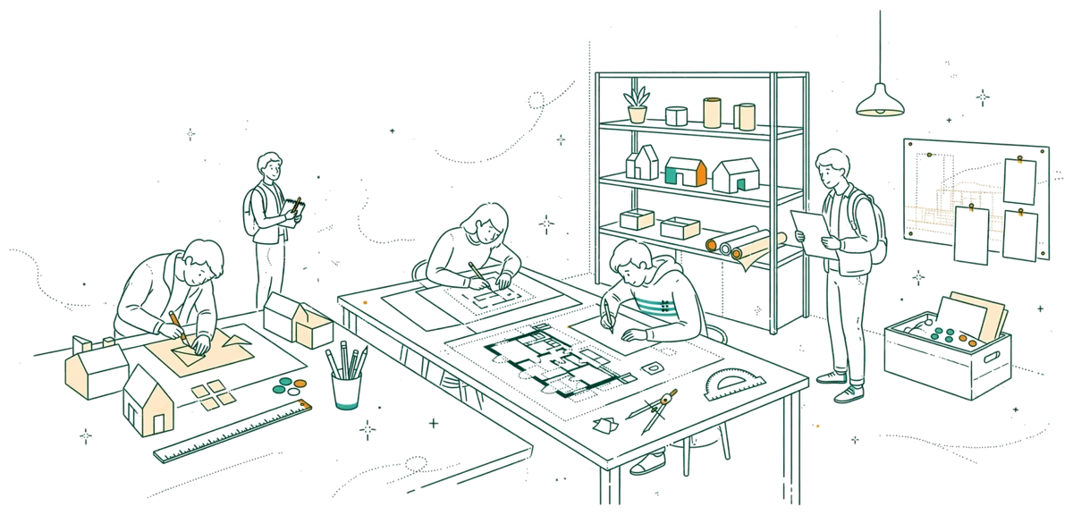 Dessin au trait : atelier maquettes et plans d’architecture intérieure.