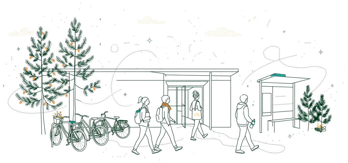Dessin au trait : entrée du bâtiment de formation avec étudiants dehors