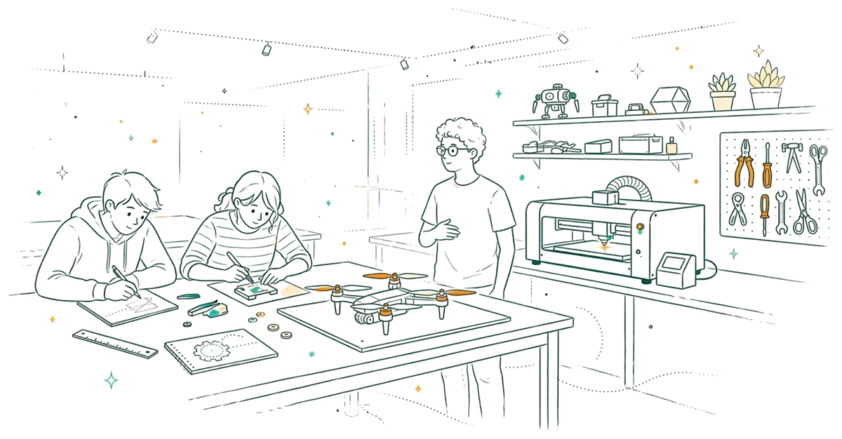 Dessin au trait : étudiants dans un atelier avec établis et machines
