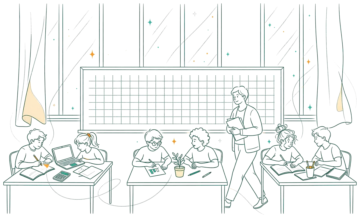 Dessin au trait : étudiants en travail de groupe en classe