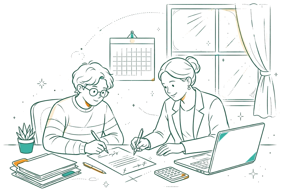 Dessin au trait : signature du contrat d’apprentissage au bureau.