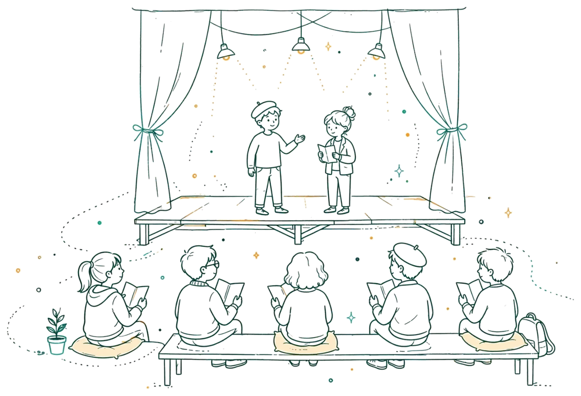 Dessin au trait : représentation publique en petit studio
