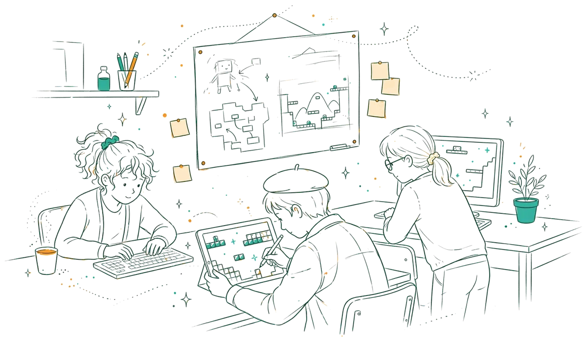 Dessin au trait : étudiants en atelier de création de jeu vidéo.