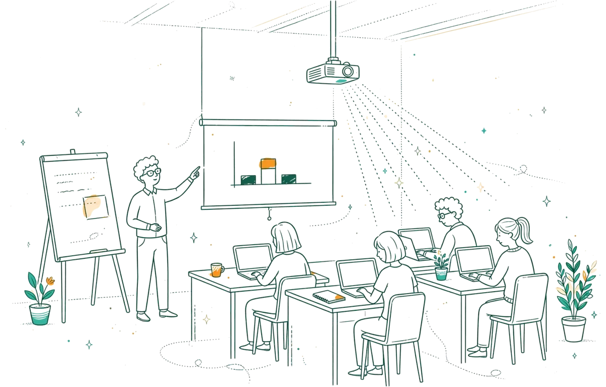 Dessin au trait : salle informatique avec formation pour salariés