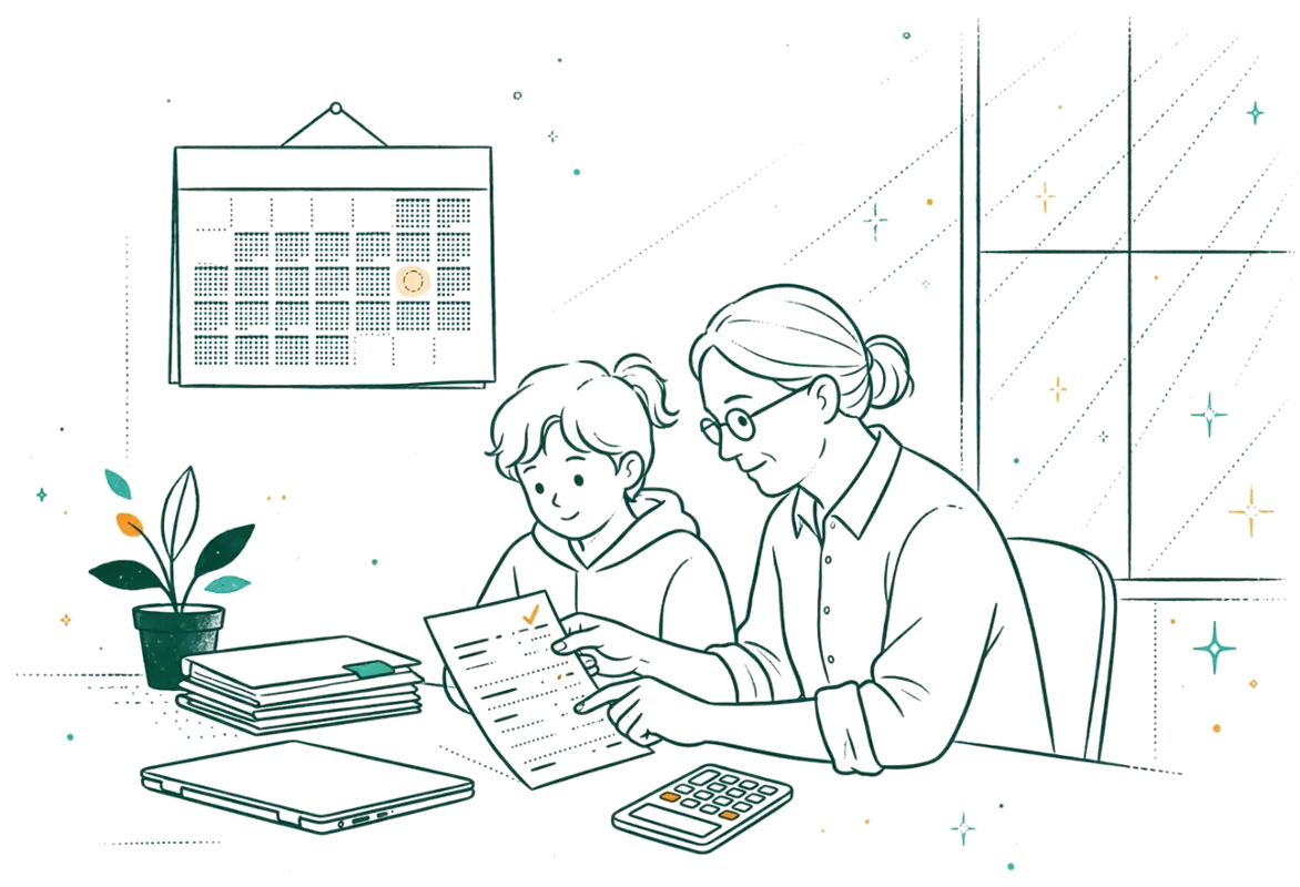 Dessin au trait : apprenti et tuteur autour d'une fiche de paie