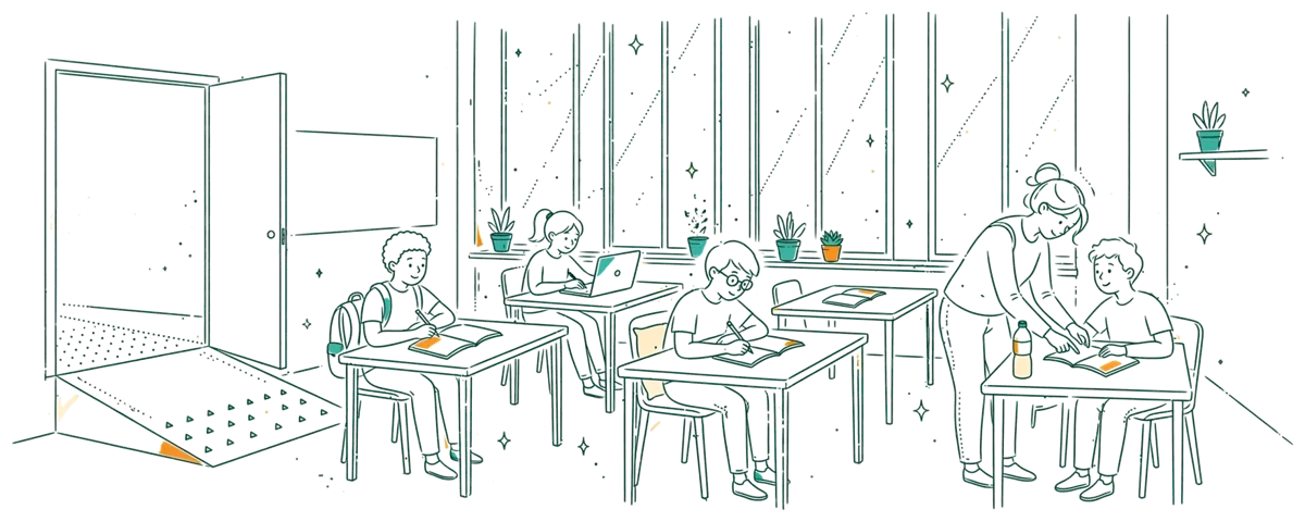Dessin au trait : salle de classe accessible et lumineuse