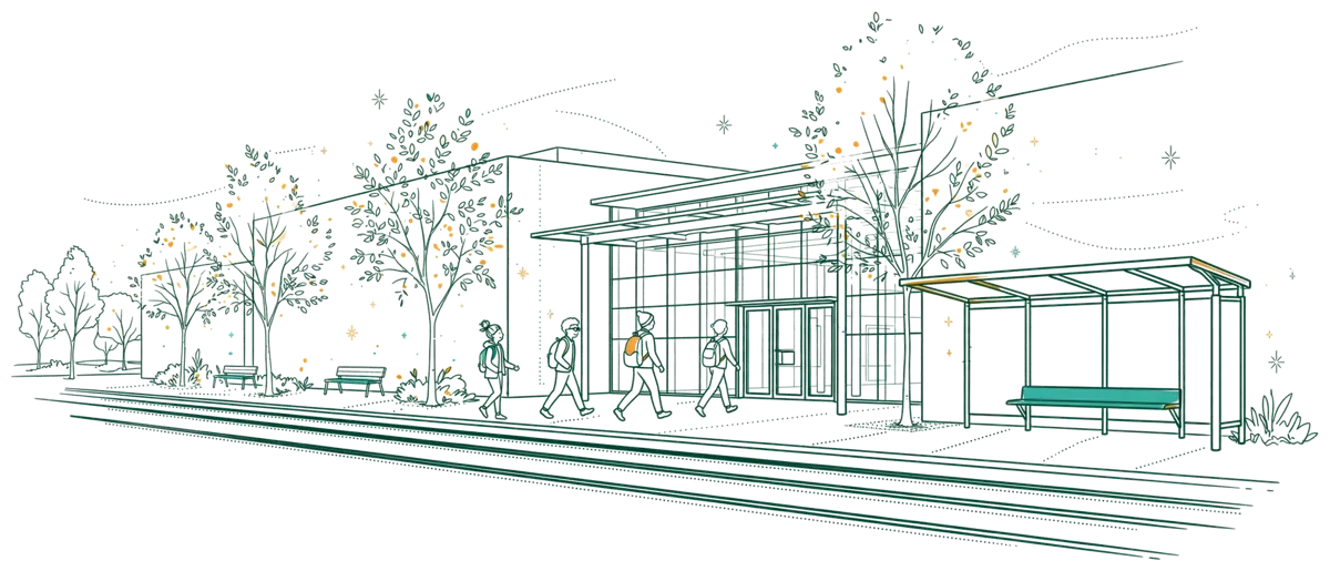 Dessin au trait : entrée du campus avec étudiants et tram à proximité