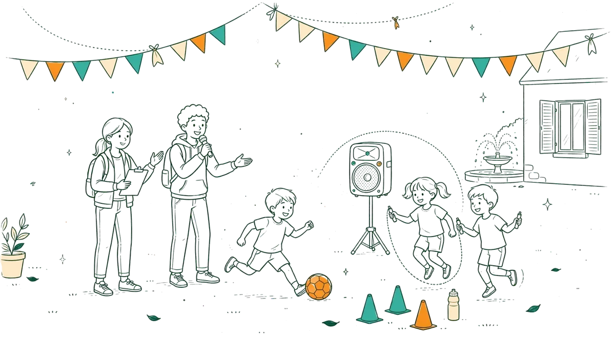 Dessin au trait : animateurs menant des jeux en place de village
