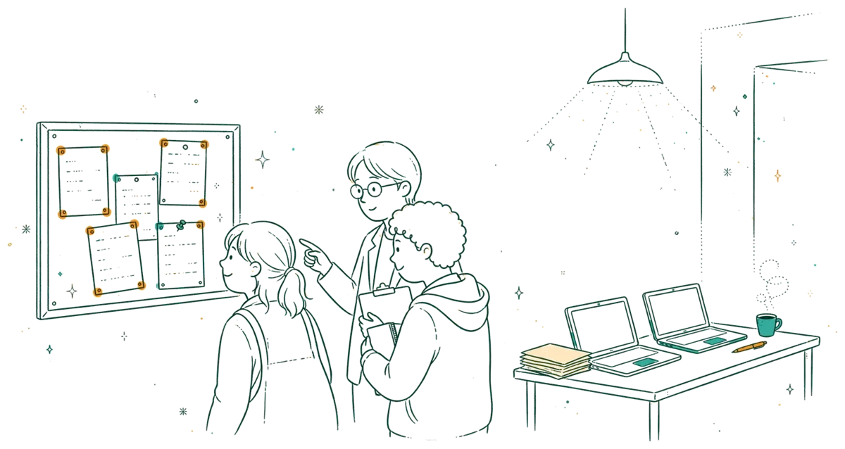 Dessin au trait : étudiants devant des offres d’alternance.