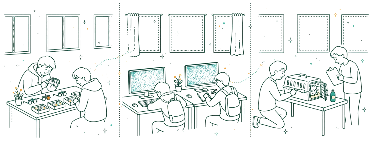 Dessin au trait : atelier optique, salle informatique et table vétérinaire