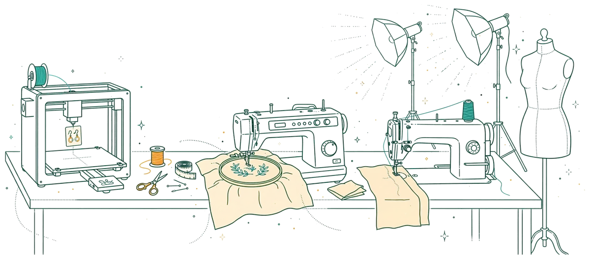 Dessin au trait : machines d’atelier et studio photo