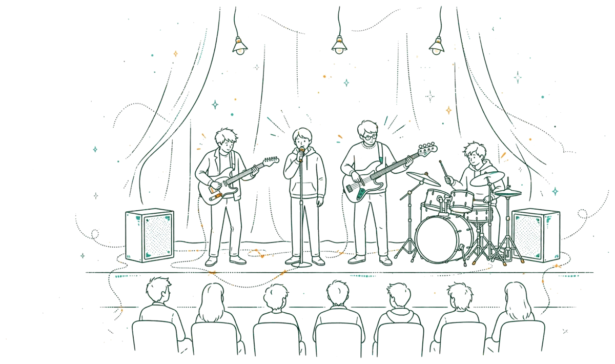 Dessin au trait : groupe étudiant en concert devant public
