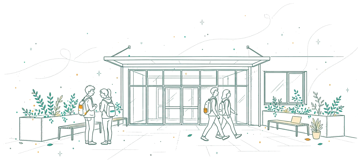 Dessin au trait : entrée du campus avec étudiants sur le parvis