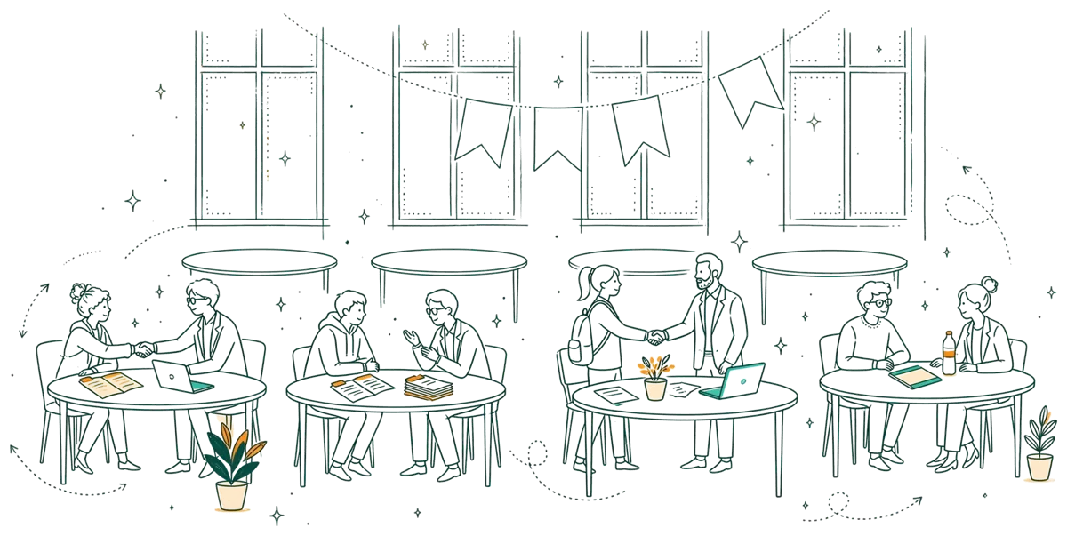 Dessin au trait : job dating entre étudiants et recruteurs
