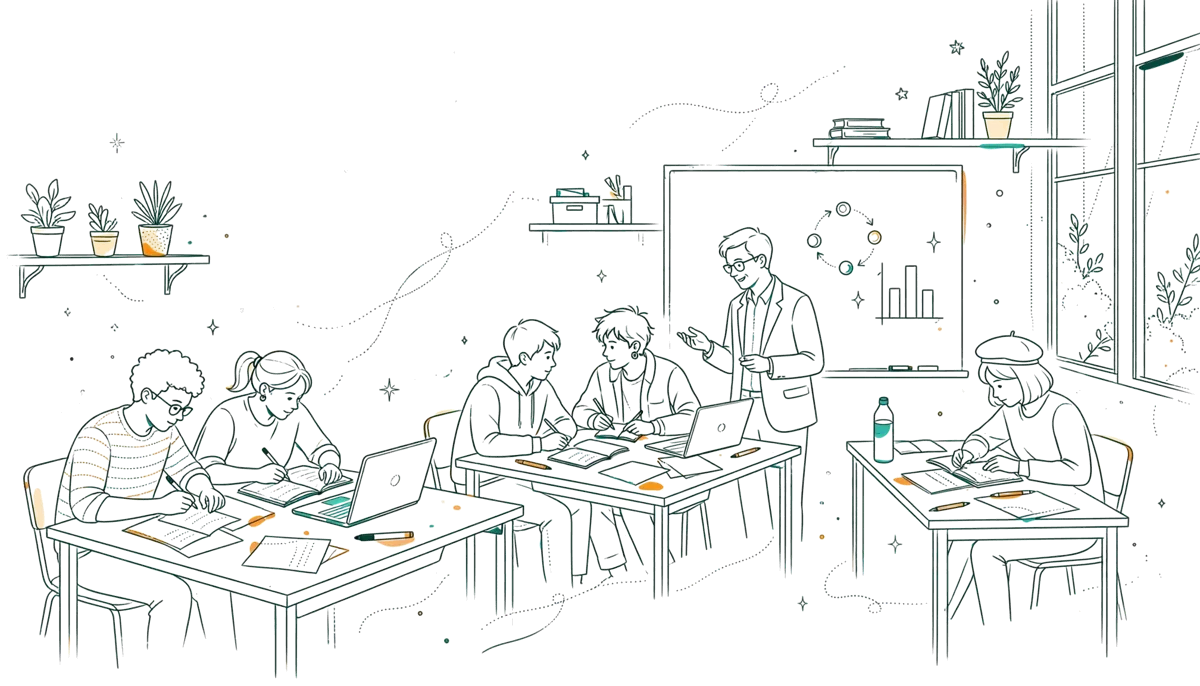 Dessin au trait : travail en groupe en classe avec un intervenant