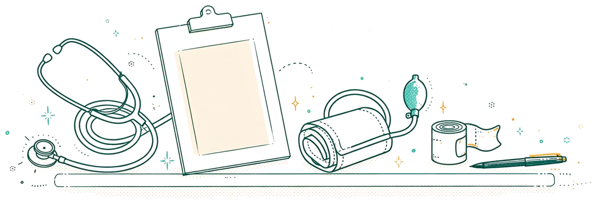 Dessin au trait : stéthoscope et dossier de soins sur un plateau