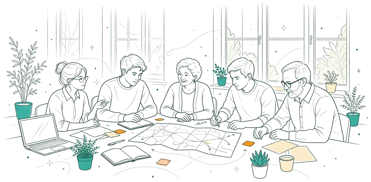 Dessin au trait : étudiants en projet avec une association locale