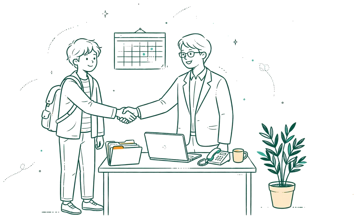 Dessin au trait : apprenti qui serre la main de son manager