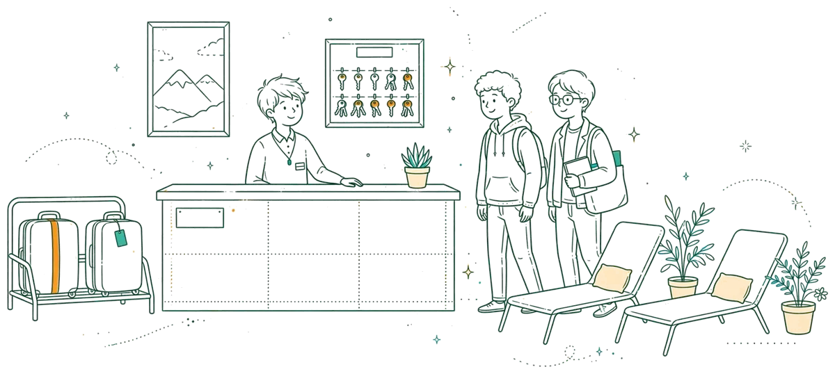 Dessin au trait : réception d’hôtel avec étudiante et clients