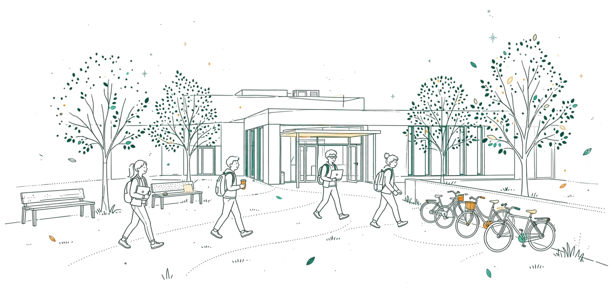 Dessin au trait : petit campus moderne avec étudiants dans la cour