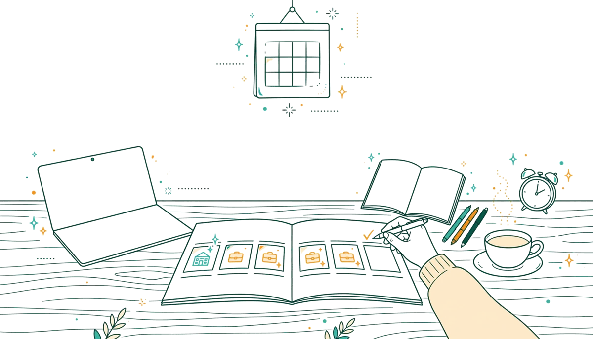 Dessin au trait : planning hebdomadaire avec ordinateur et carnet