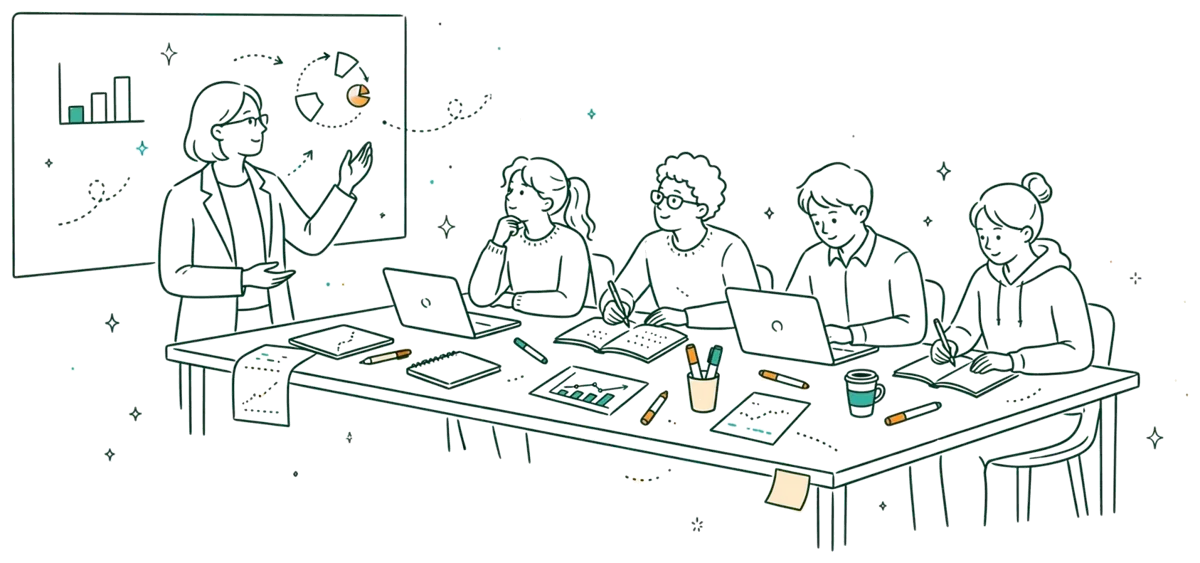 Dessin au trait : intervenant qui anime un atelier en classe
