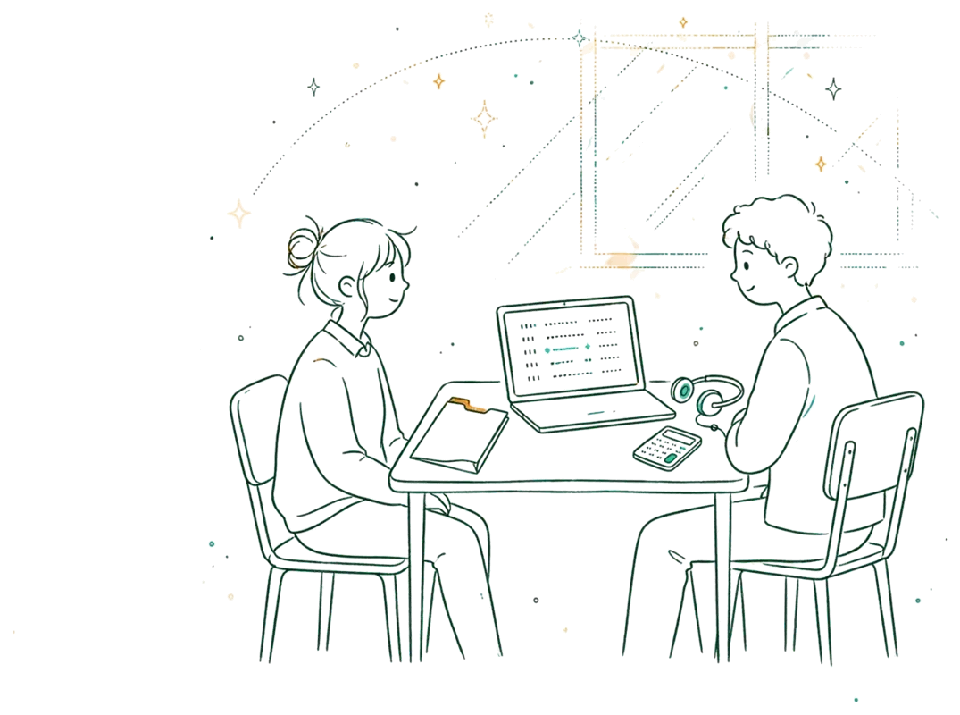 Dessin au trait : bureau avec contrat d’alternance et ordinateur