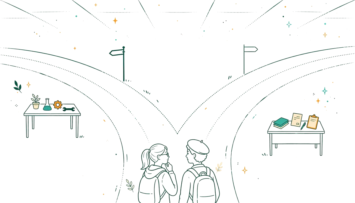 Dessin au trait : deux étudiants devant deux parcours de formation.
