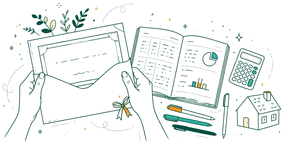 Dessin au trait : dossier de diplôme et carnet de budget