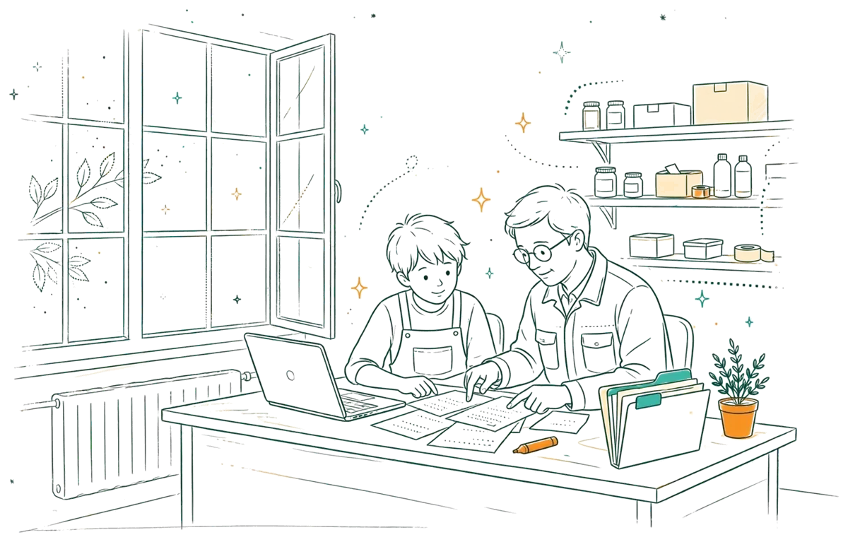 Dessin au trait : apprenti et maître d’apprentissage au bureau.