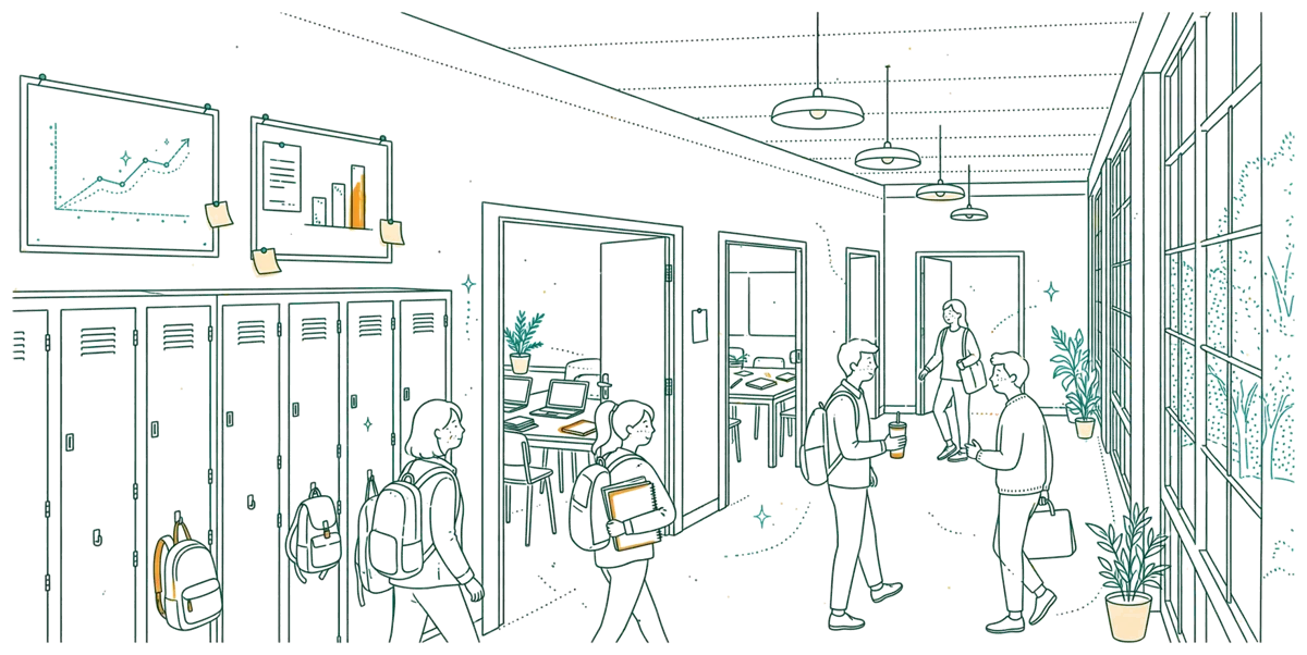 Dessin au trait : couloir de l'école avec étudiants entre deux cours